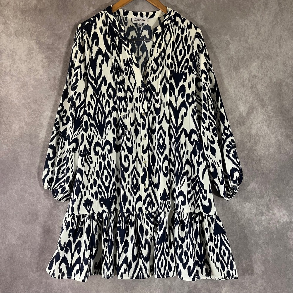 Tahari Tunic Dress Women Large Navy White Ikat Print Ruffle Hem Button V-Neck